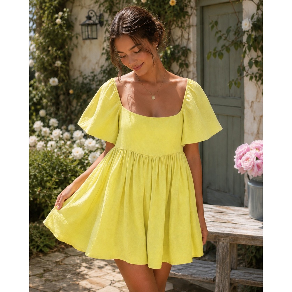 Mable Butter Yellow Linen Blend Puff Sleeve Mini Dress Large Babydoll Coquette - Picture 1 of 16